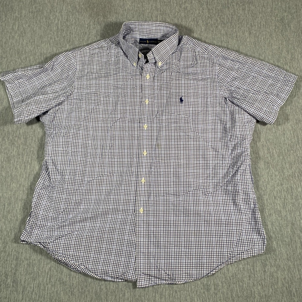 Ralph Lauren Shirt Mens‎ 2XL Blue White Check Short Sleeve Button Down Cotton
